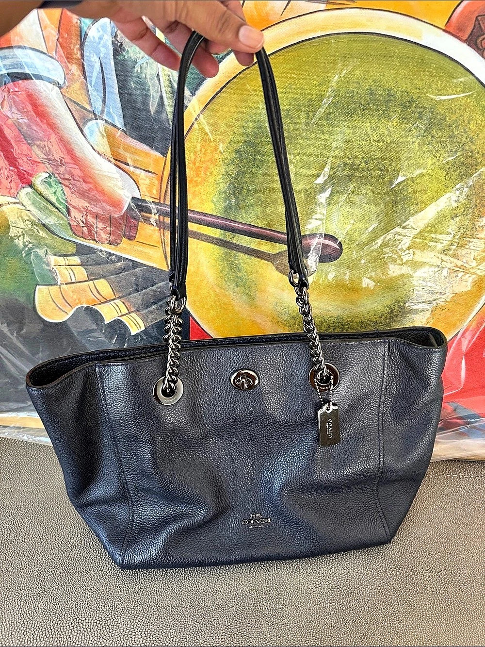 Coach Turnlock Chain Tote Leather Tote in Black